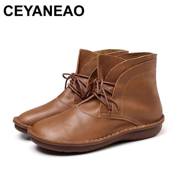 

ceyaneao 2020 new women shoes lace-up design genuine leather boots round toe handmade 0508, Black