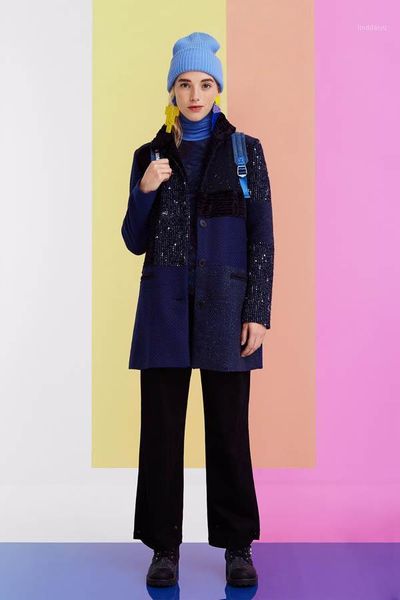 

spanish winter women's medium long splicing stand collar wool coat1, Black