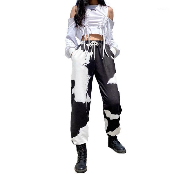 

high waist sporty harem pants autumn winter women loose casual tie-dyed long pants streetwear drawstring sport baggy trousers1, Black;white