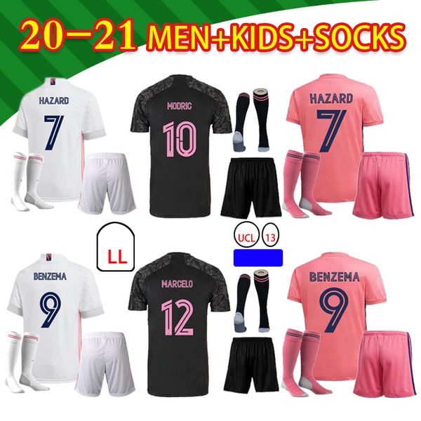 

20 21 football shir ronaldo bale sergio ramos marcelo benzema hazard 2020 2021 high-quality kids kit+socks soccer jersey, Black
