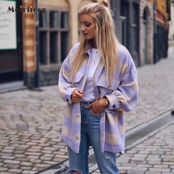 

vintage purple lattice long jacket coat plaid woolen shirt jack women spring shirt jacket oversized plus size women jacket 201112, Black;brown