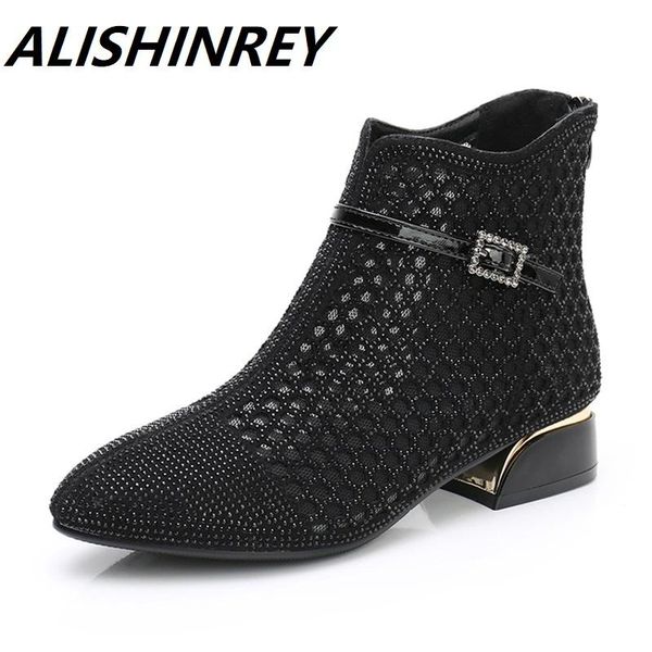

alishinrey fashion rhinestones gauze sandals summer new mesh boots genuine leather women's shoes hollow boots large size 40-42, Black