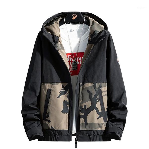 

jacket men sping autumn loose korean fashion hip hop big pockets hooded camouflage homme men jacket plus size m-4xl1, Black;brown