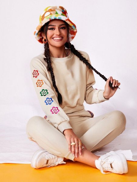 

floral embroidered raglan sleeve sweatshirt i7hd#, White;black