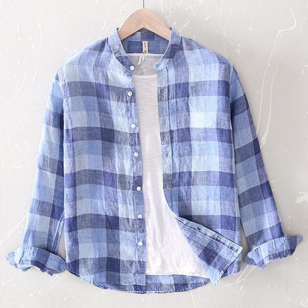 

quality plaid 100% linen shirts for men long sleeve fashion mandarin collar flax dress shirt men male camisas para hombre ts-6571, White;black