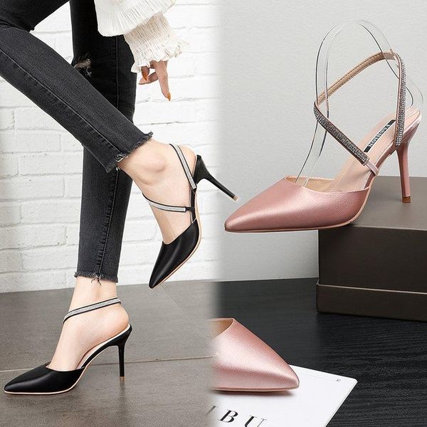 

pink wedding shoes female 2020 summer new korean version of pointed satin satin fine heels rhinestone buckle, Black