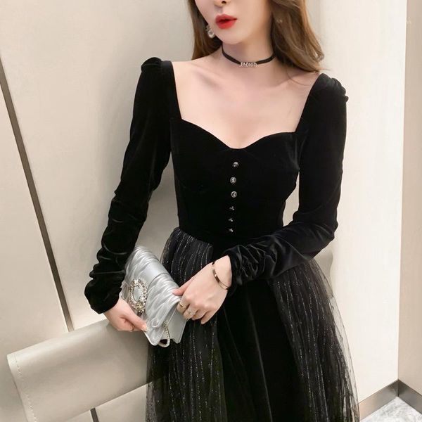 

stunning high end black dress square neck long mesh patchwork velours party vintage robe longue vestido largo1, Black;gray