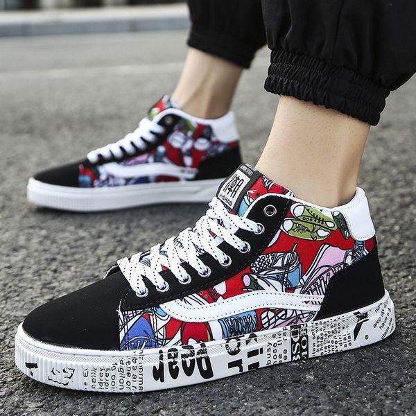 

men's new fashion high sneakers men casual canvas shoes boys zapatos de hombre tenis masculino lace up, Black