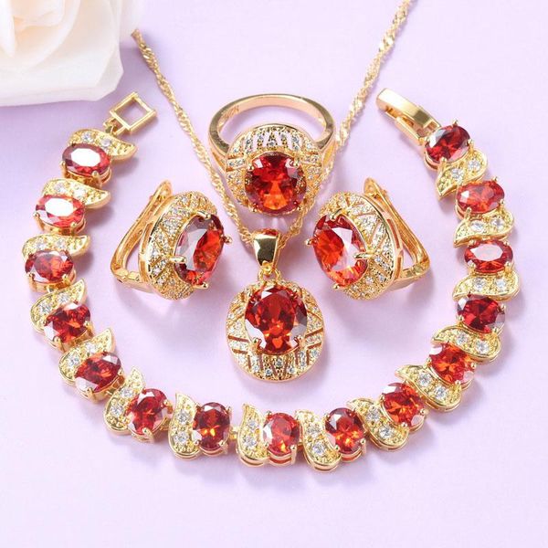 

gold color bridal african jewelry sets red cubic zircon women accessories charm bracelet and ring dubai jewelry, Silver