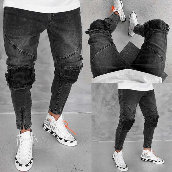 

new european men's pleated slim black jeans k026 in autumn 2019, Blue