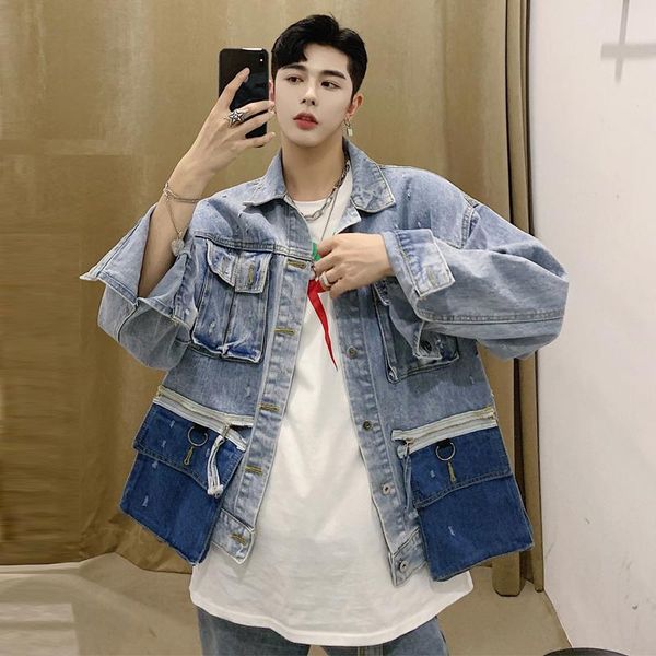 

fall 2021 heavy tech detachable multi-pocket wash denim embroidered men's japanese jacket short jacket, Black;brown