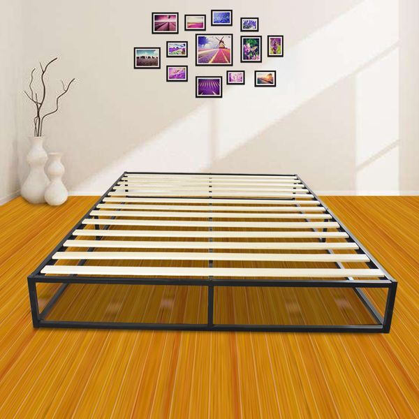 

modern design bedroom curved wooden sturdy iron bed frame thickened iron tubes slats metal platform bed
