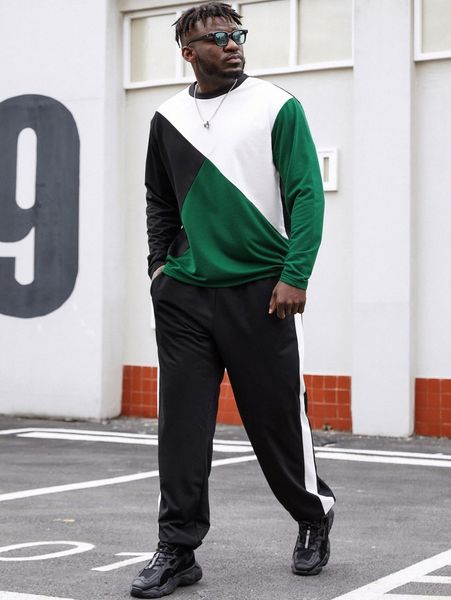 

extended sizes men colorblock sweatshirt & drawstring waist contrast side seam sweatpants f1t4#, Gray