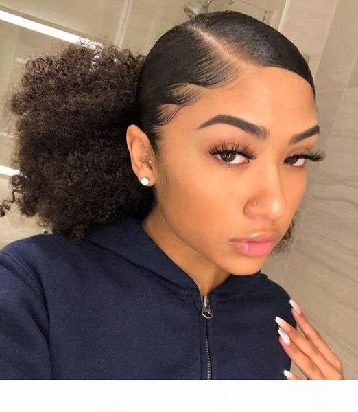 

beauty brazilian women kinky curly ponytail hairpiece clip in drawstring short high afro puff bun chignon human hair extension 120g 4colors, Black