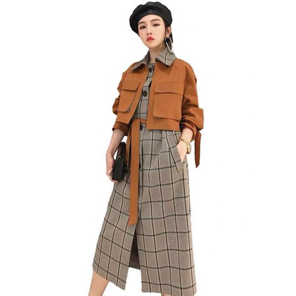 

women's tracksuits two-piece suit 2021 autumn and winter retro plaid dress + short jacket lace female suit/sets, Gray