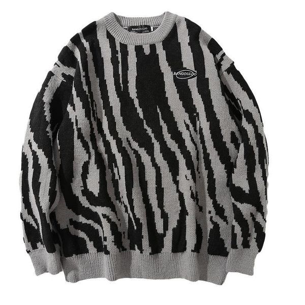 

men's sweaters oversize knitted sweater men hip hop streetwear zebra stripe pattern loose winter warm o-neck autumn couple pullover, White;black