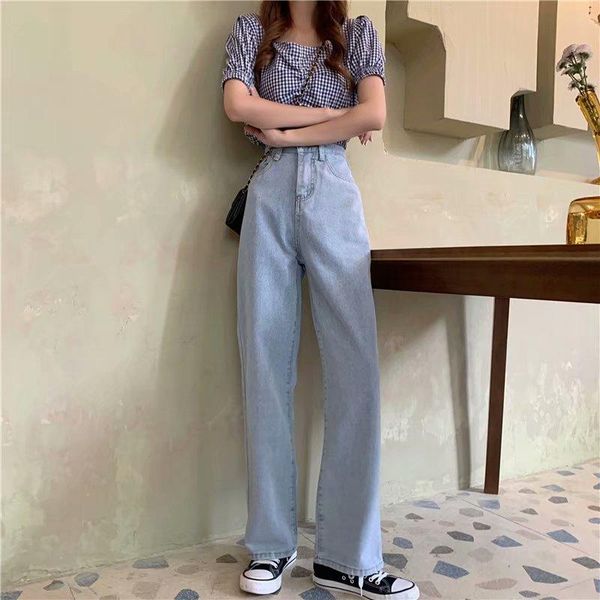 

women's jeans korean style trendy women wide leg trousers denim washed womens loose vintage casual all-match, Blue