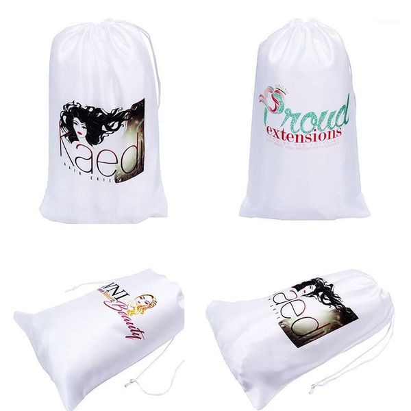 

gift wrap custom logo printed 50pcs/lot polyester satin silk white bags drawstring hair packaging extension packaging1
