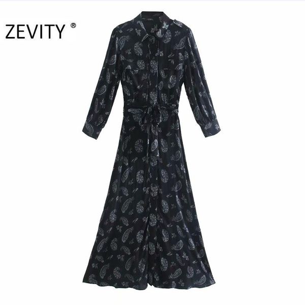 

zevity women vintage cashew nuts print bow tie sashes long shirt dress femme long sleeve vestido chic casual slim dresses ds4469, Black;gray