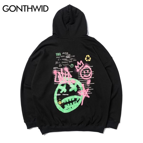 

graffiti pills and potions smile face print hooded sweatshirts hoodies hip hop streetwear fashion casual pullover, Black