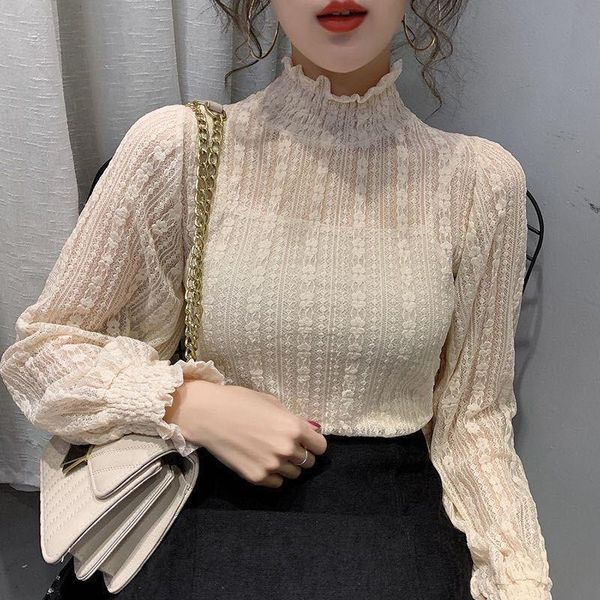 

fashion women lace mesh blouses 2020 elegant see through stand collar autumn winter bottoming long sleeve ladies, White