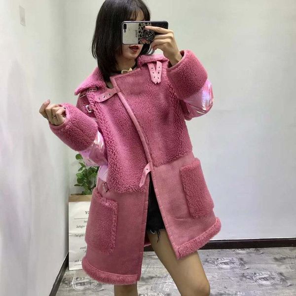 

luxury real sheep fur coat women winter motorcycle jackets 90% white duck down jacket long sleeves thick warm parka kg-7, Black