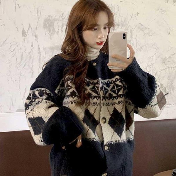 

women's knits & tees autumn and winter 2021 retro jacquard knitted loose large size single-breasted cardigan round neck long-sleeved sw, White