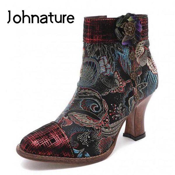 

johnature short plush women boots genuine leather embroidery cloth zip pointed toe women shoes sewing retro ankle ladies boots, Black