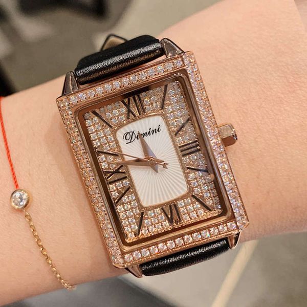 

square timini new fashion fashion women's watch full diamond face roman scale personalized diamond inlaid temperament watch, Slivery;brown