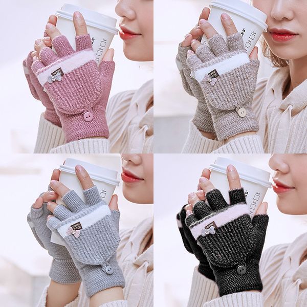 

open fingered gloves female winter half finger flap cotton lovely thickened wool students write plush to keep warm and cold, Blue;gray