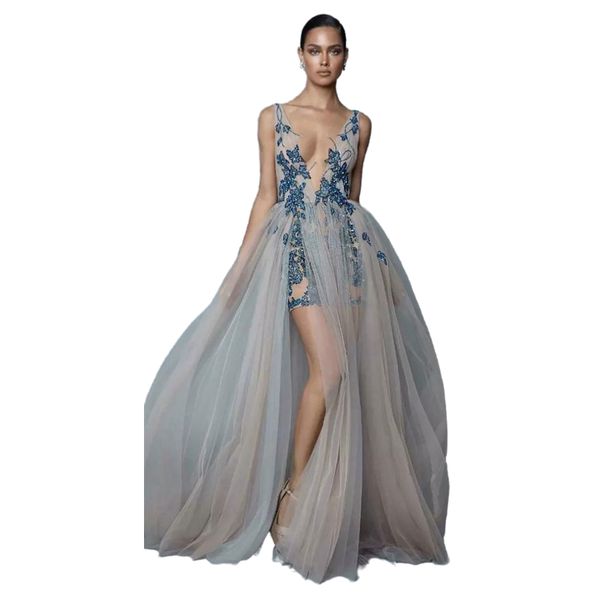 Abiti da ballo sexy in argento a fessura alta Berta con cinturini senza schienale in stile bohémien con abiti da sera lunghi in rilievo di pizzo blu scuro aderenti Coc202S