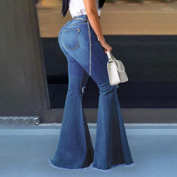 

new fashion womens ripped denim pants high waist stretchy denim pants long length ladies wide-leg jeans1, Blue