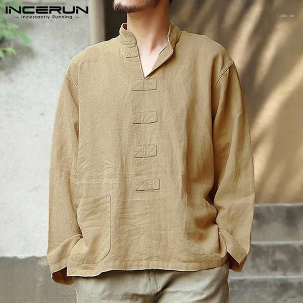 

incerun cotton linen shirt men long sleeve pockets 2020 solid retro camisas hombre chinese style v neck mens casual shirts1, White;black