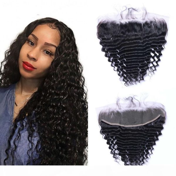 

indian virgin hair 13x4 lace frontal pre plucked deep wave frontals closure natural color curly human hair extensions, Black;brown