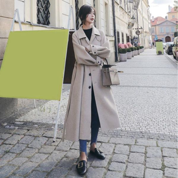 

solid color turn-down collar waist long coat for women autumn waist belt slim long overcoat female outwear, Black