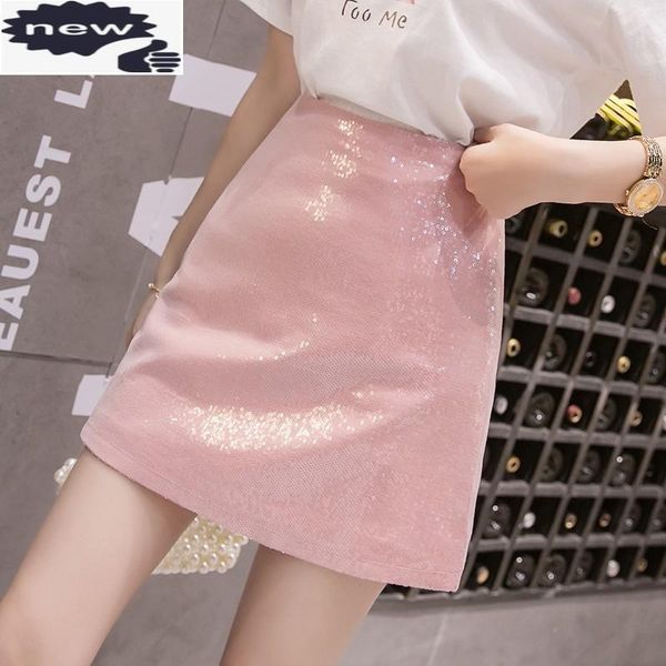 

skirts summer women shiny sequined skirt zipper short mini a line high waist wrap slim fit bodycon femme jupes clubwear, Black