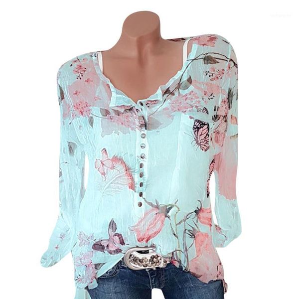 

2019 dropshipping plus size women casual summer chiffon floral printed button shirt irregular hem blouse ropa de mujer1, White