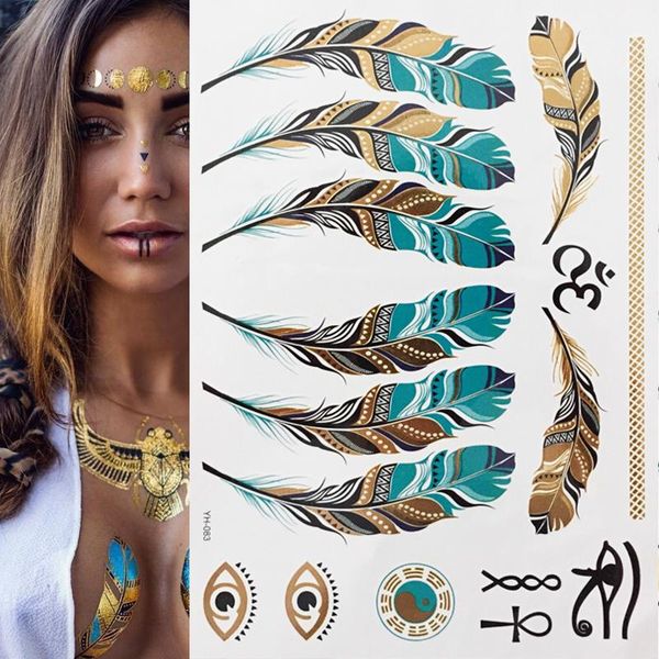 

1 sheet flash boho metallic gold feathers shimmering jewellery festival temporary tattoo
