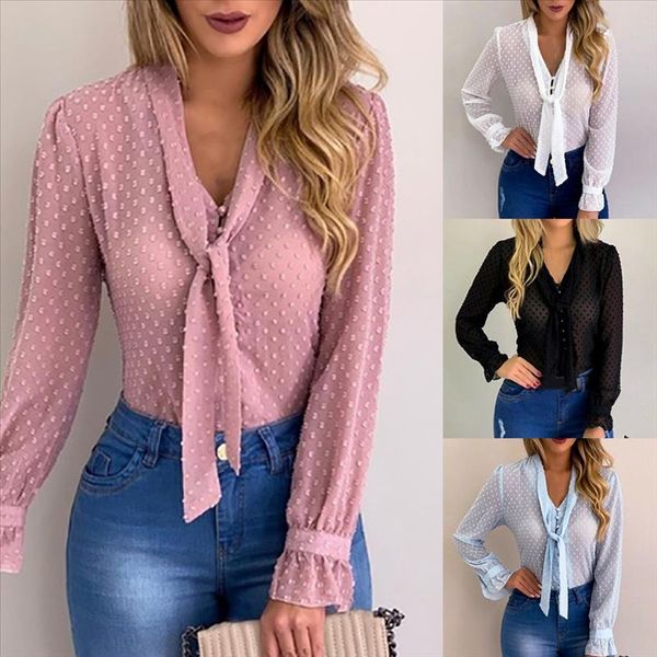 

women pink blouses and shirt new sweet office style women summer chiffon long sleeve shirt blusas mujer de moda 2021, White