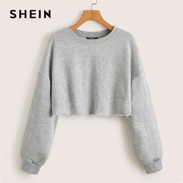 

drop shoulder frayed edge crop sweatshirt pullover women 2020 autumn long sleeve round neck solid casual sweatshirts, Black