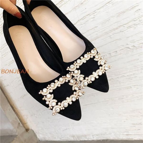 

dress shoes women high heels crystal buckle chunky ladies flock pumps wedding pointed toe pumps1, Black