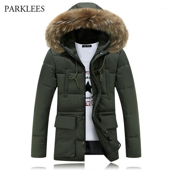 

fucloth men's down & parkas long hoooded parka men 2021 warm winter jacket fashion brand design solid manteau homme hiver big fur outwe, Black