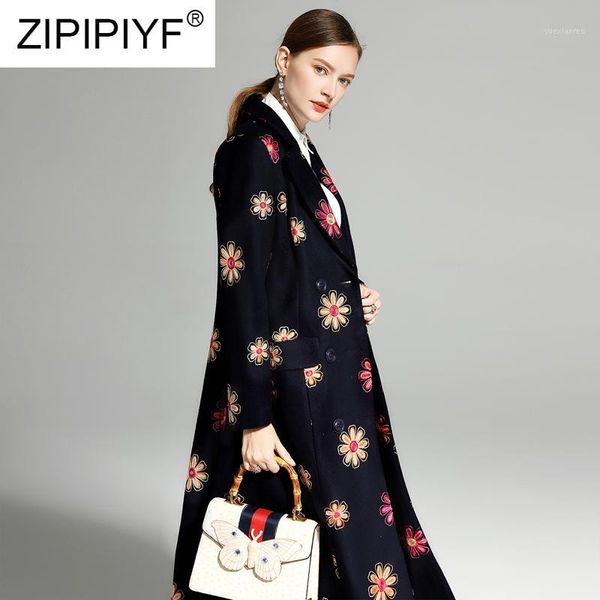 

casual vintage women long woolen coats floral embroidery long sleeve double-breasted dark blue overcoats elegant coats z3431, Black