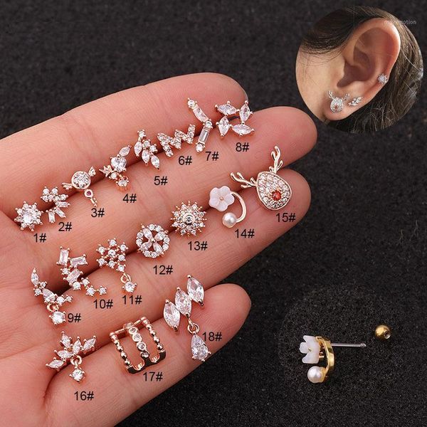 

komi 1pc mini rose gold metal zircon geometric moon flower stud earrings for women stainless steel piercing earring brinco k41401, Golden;silver