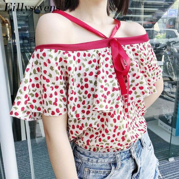 

women casual blouses vintage strapless bow tie neck halter shirt ladies floral short sleeve chiffon shirts blusas 2021 tee1, White