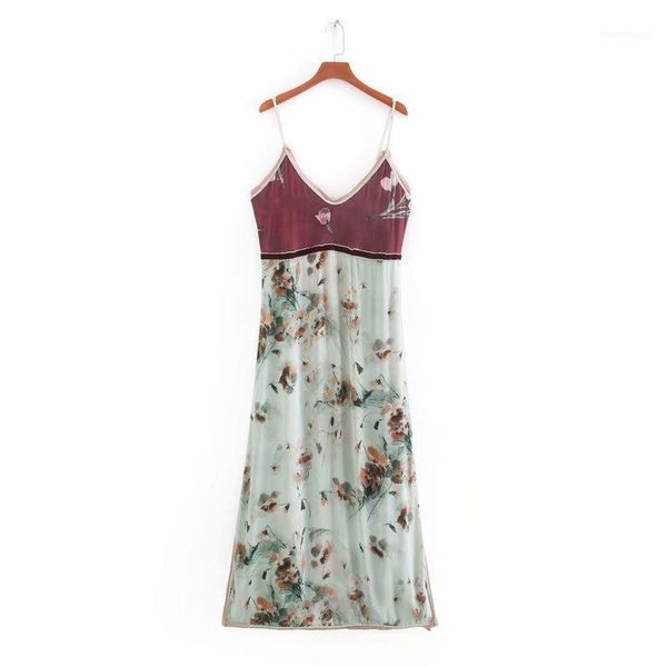 

new 2020 women vintage patchwork print chiffon sling dress female backless split sequins vestido chic casual dresses ds37681, Black;gray