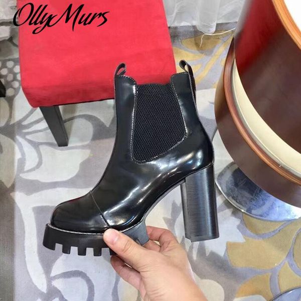

genuine leather platform ankle boots women luxury brandslip on chunky heels short winter shoes runway motorcycle boots for women, Black