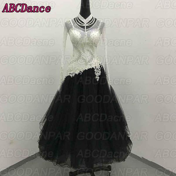 

ballroom dance competition dresses mesh skirt modern dance dress black white longsleeve waltz dress, Black;red