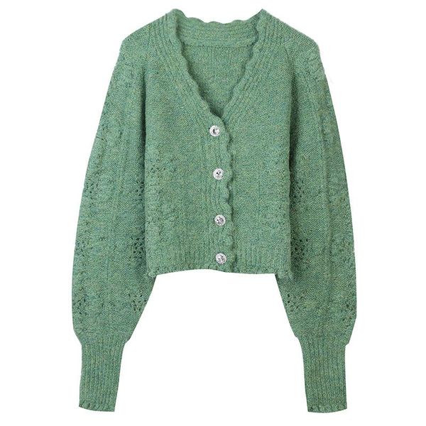

women's 2020 fashion texture v-neck knit solid color short knit cardigan sweater retro long sleeve button female jacket chic top, White
