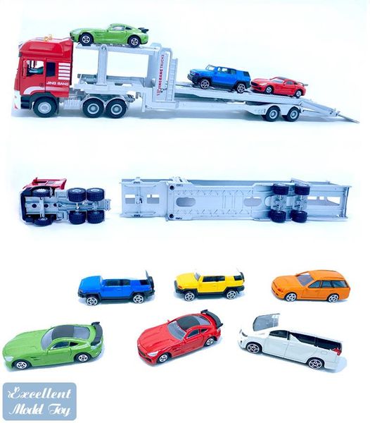 JIB Giocattolo modello di camion da trasporto in lega pressofusa, camion galleggiante pesante 1:50, con 6 macchinine, ornamento, regalo di compleanno per bambini di Natale, 3-1